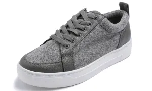 Feversole Women's Winter Vegan Leather Lightweight Platform Lace-Up Street Sneakers Grey Faux Woolen PU