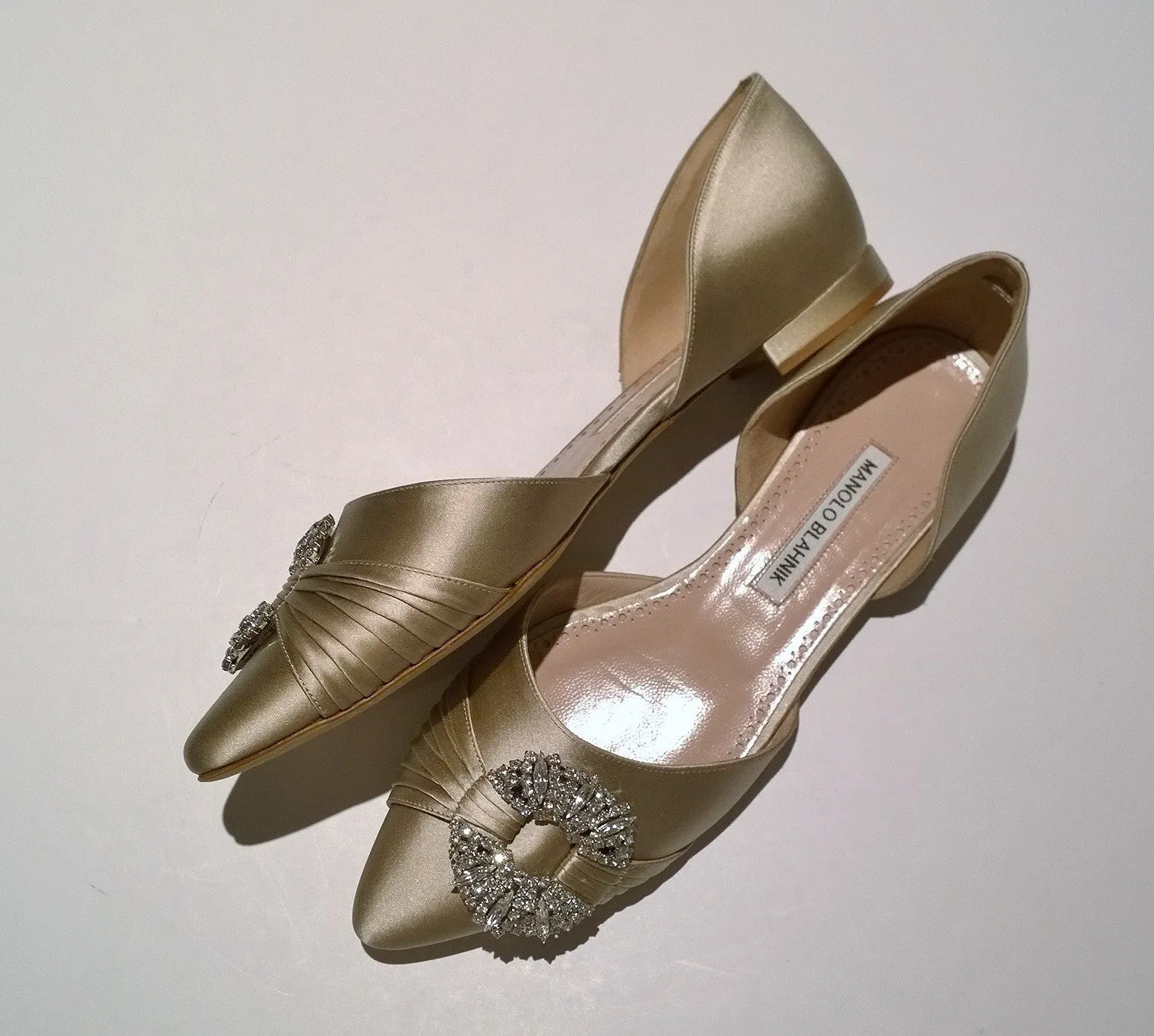 Manolo Blahnik Luanda Satin Rhinestone Buckle Flats Gold