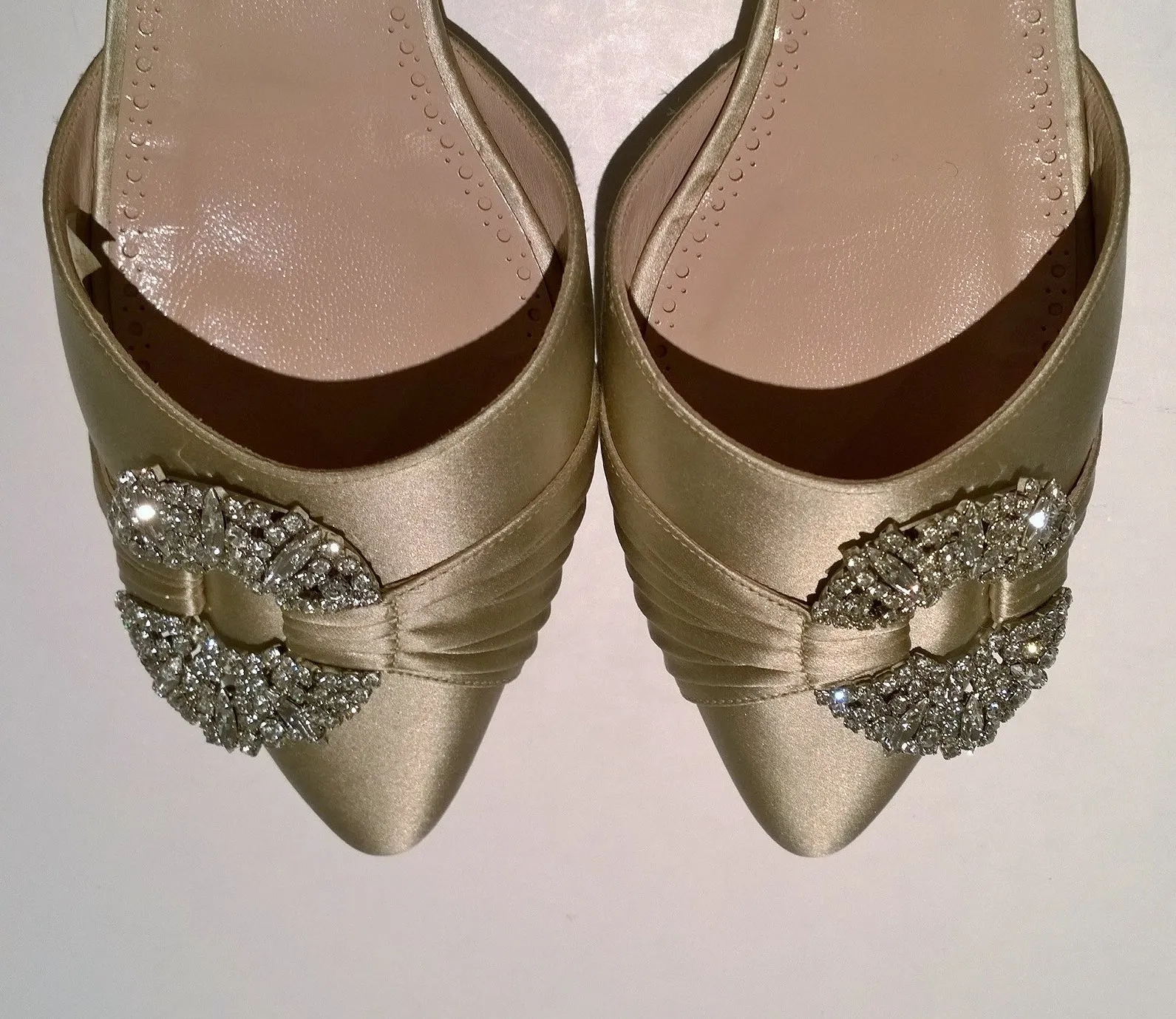 Manolo Blahnik Luanda Satin Rhinestone Buckle Flats Gold