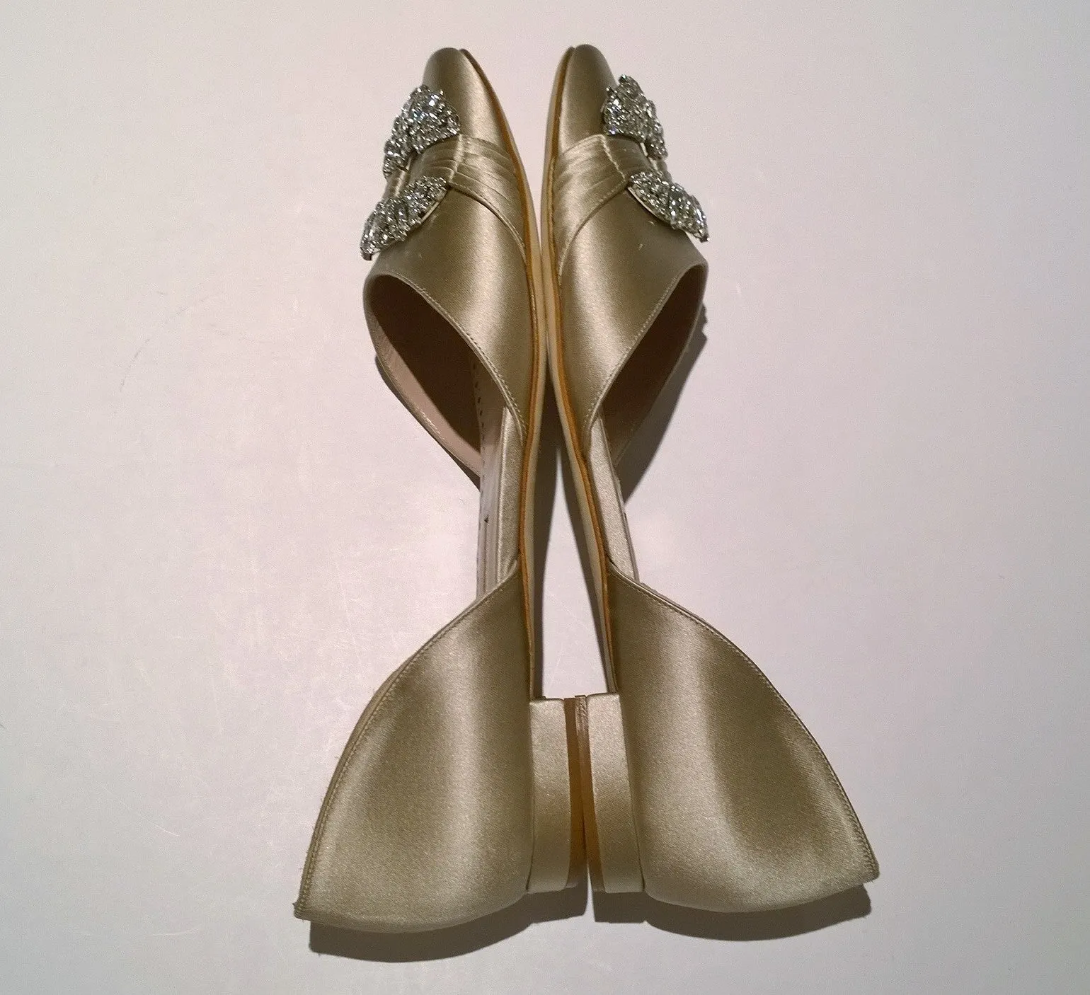 Manolo Blahnik Luanda Satin Rhinestone Buckle Flats Gold