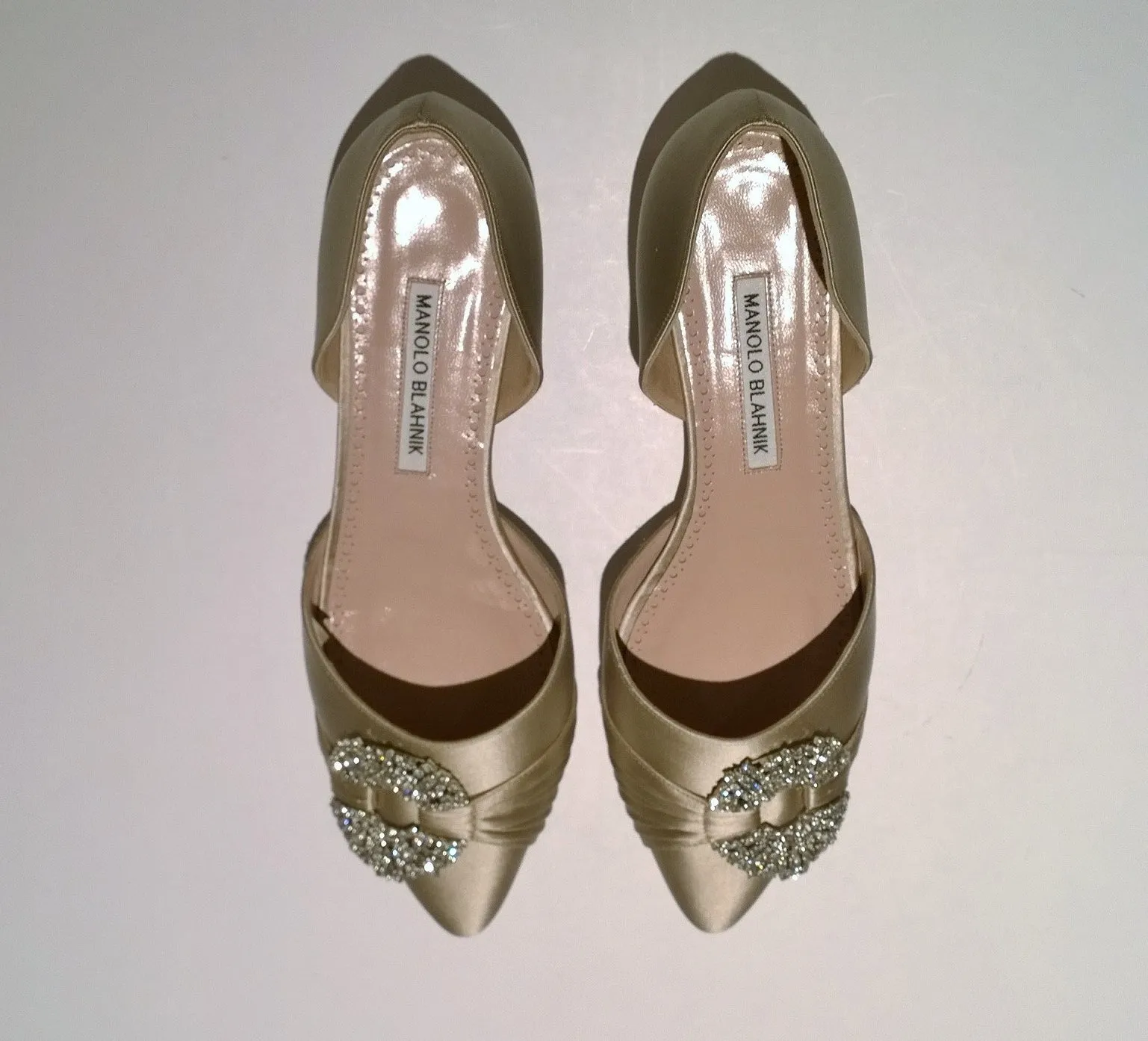 Manolo Blahnik Luanda Satin Rhinestone Buckle Flats Gold