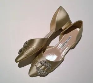 Manolo Blahnik Luanda Satin Rhinestone Buckle Flats Gold