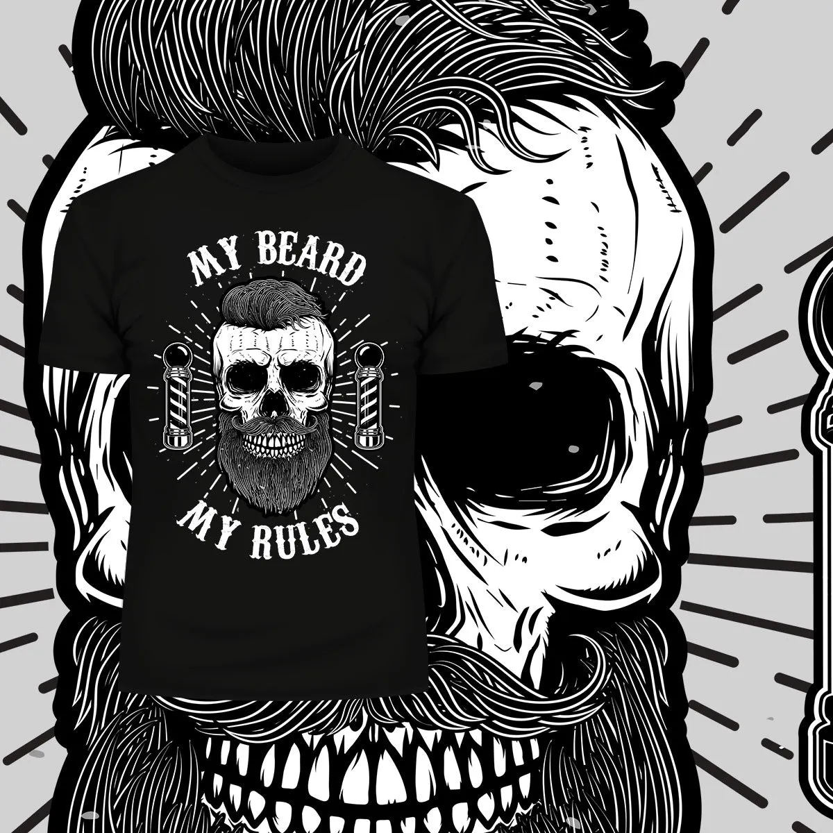 My Beard My Rules Cool Hipster Skull Mens Black White & Grey T-shirt