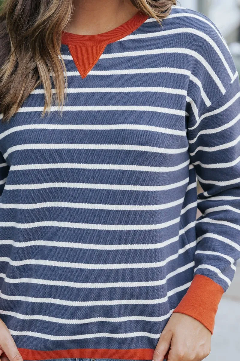 Navy Stripe Orange Contrast Sweater - FINAL SALE