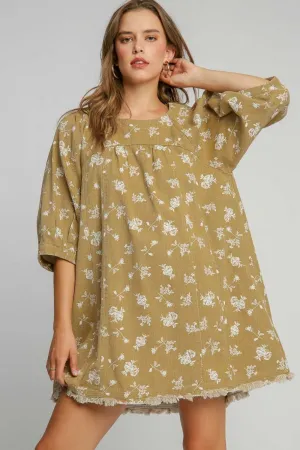 Raw Hem Floral Print Round Neck Denim Dress