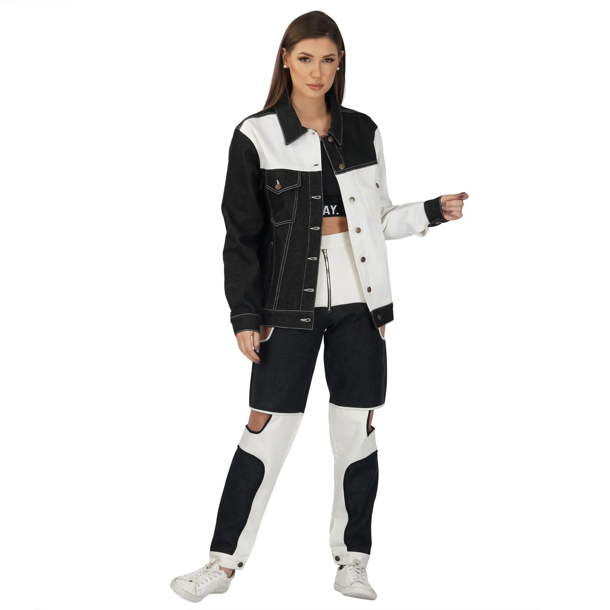 SLAY. Women's Black & White Colorblock Denim Jacket & Jeans Co-ord Set