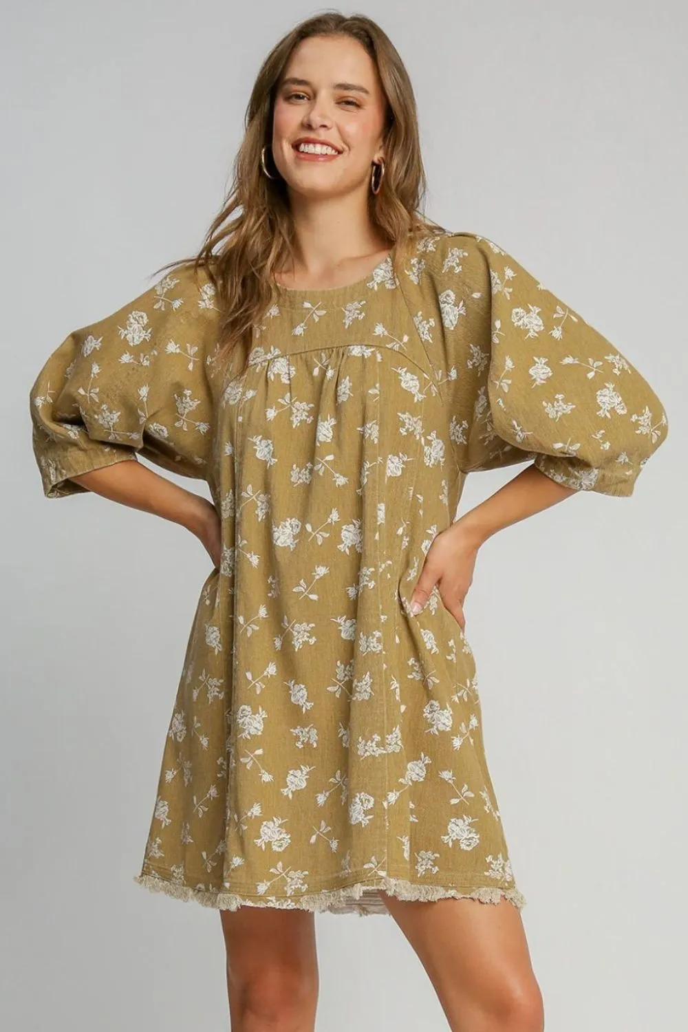 Umgee USA Mocha Denim Dress Raw Hem Floral Print Round Neck 3/4 Sleeve