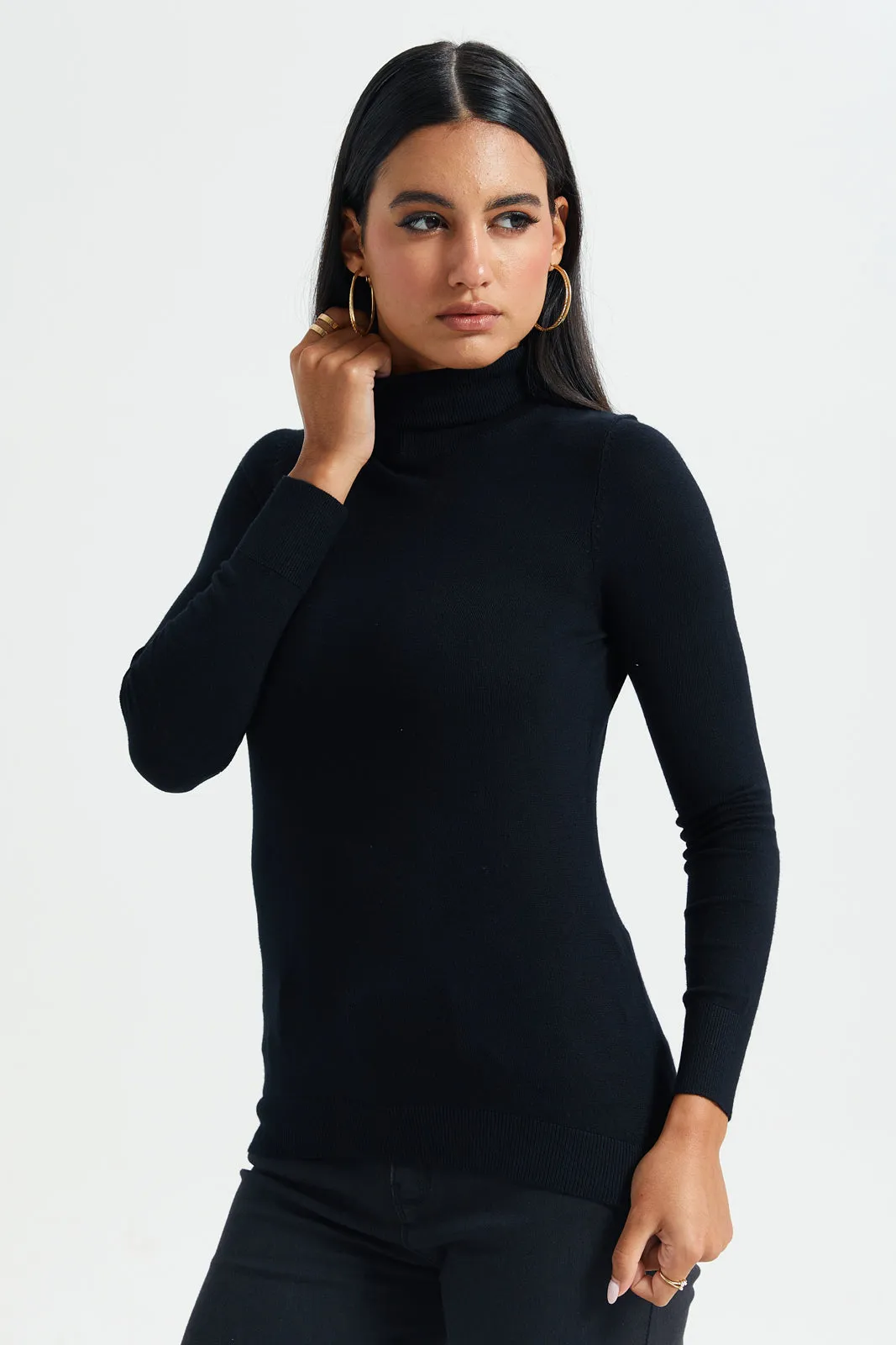 Women Black Turtle Neck Pullover