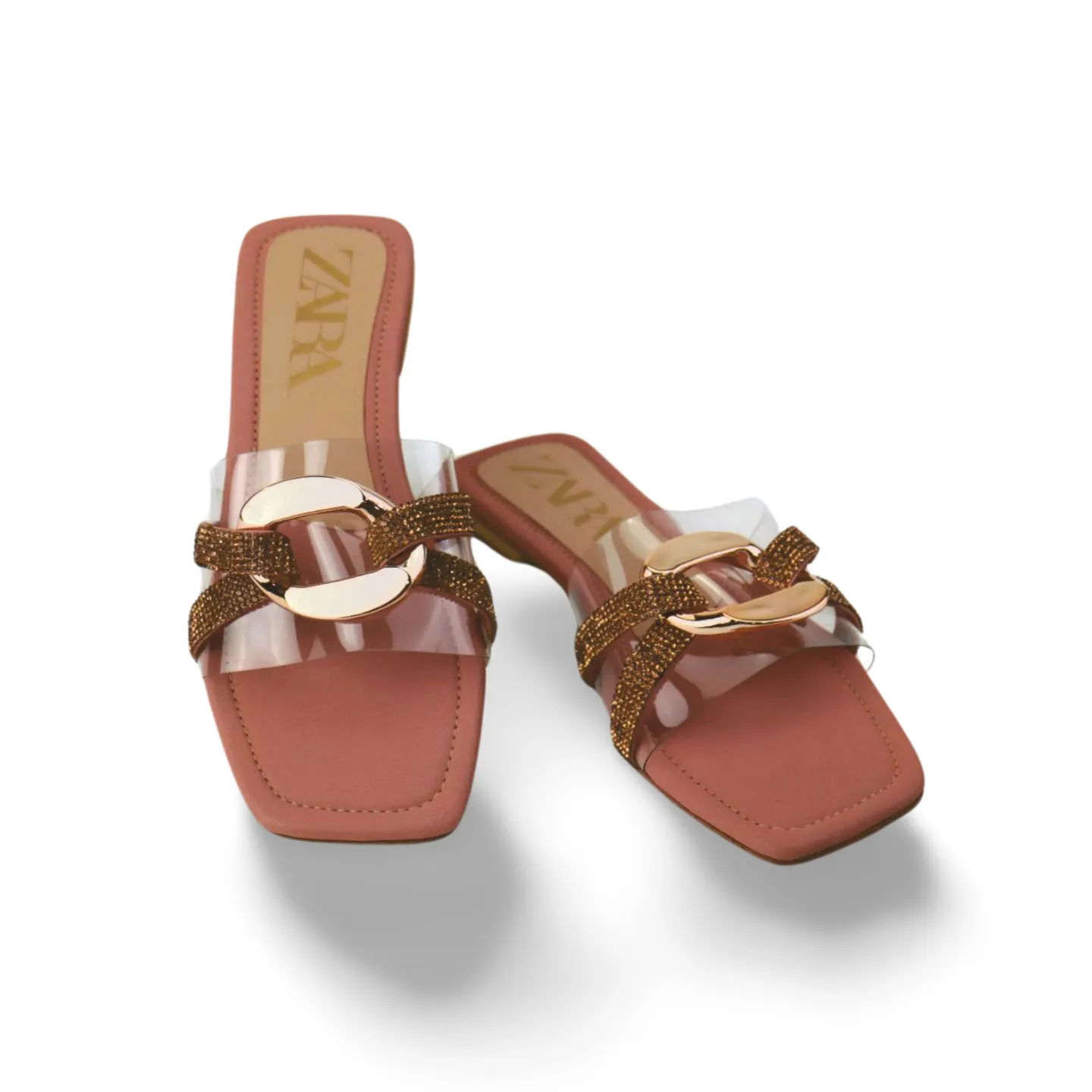 Women's Pink Flat Sandals with Clear Strap and Gold Chain Buckle