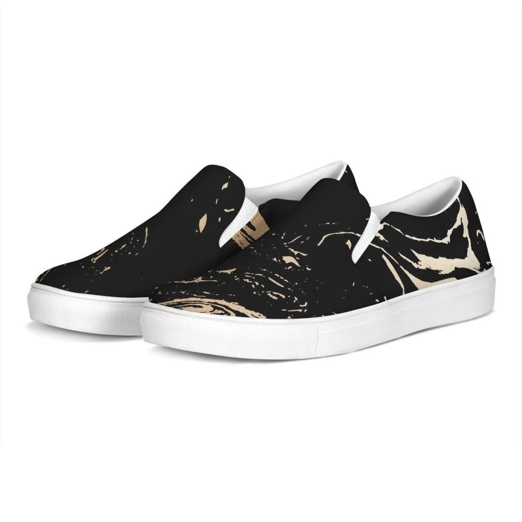 Womens Sneakers - Black & Beige Swirl Style Low Top Slip-on Canvas